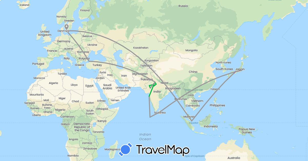 TravelMap itinerary: bus, plane, train, boat in Denmark, India, Japan, Sri Lanka, Maldives, Singapore, Turkey (Asia, Europe)